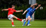 24 September 2021; David Hawkshaw of Leinster in action against Jack Crowley of Munster during the Development Interprovincial match between Leinster XV and Munster XV at the IRFU High Performance Centre at the Sport Ireland Campus in Dublin. Photo by Brendan Moran/Sportsfile