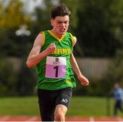 25 September 2021; Samuel Regan from Spa-Fenit Barrow, Kerry, on his way to winning the Boys under-16 100 metre during the Aldi Community Games Track and Field Athletics finals at Carlow IT Sports Campus in Carlow. Photo by Matt Browne/Sportsfile