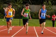 25 September 2021; Samuel Regan from Spa-Fenit Barrow, Kerry, on his way to winning the Boys under-16 100 metre during the Aldi Community Games Track and Field Athletics finals at Carlow IT Sports Campus in Carlow. Photo by Matt Browne/Sportsfile