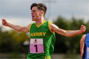 25 September 2021; Samuel Regan from Spa-Fenit Barrow, Kerry, celebrates after winning the Boys under-16 100 metre during the Aldi Community Games Track and Field Athletics finals at Carlow IT Sports Campus in Carlow. Photo by Matt Browne/Sportsfile
