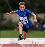 25 September 2021; Callum Curran from Cara, Waterford, on his way to winning the Boys under-10 Hurdles during the Aldi Community Games Track and Field Athletics finals at Carlow IT Sports Campus in Carlow. Photo by Matt Browne/Sportsfile