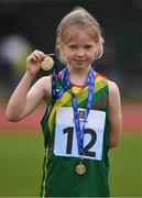 25 September 2021; Bena Bambrick from St. Lazariand, Carlow, after she won the girls under-8 80 metre during the Aldi Community Games Track and Field Athletics finals at Carlow IT Sports Campus in Carlow. Photo by Matt Browne/Sportsfile