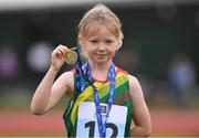25 September 2021; Bena Bambrick from St. Lazariand, Carlow, after she won the girls under-8 80 metre during the Aldi Community Games Track and Field Athletics finals at Carlow IT Sports Campus in Carlow. Photo by Matt Browne/Sportsfile