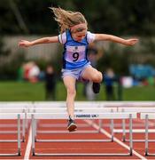 25 September 2021; Anna Le Blanc from Malahide, Dublin, on her way to winning the Girls under-10 Hurdles during the Aldi Community Games Track and Field Athletics finals at Carlow IT Sports Campus in Carlow. Photo by Matt Browne/Sportsfile