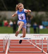 25 September 2021; Anna Le Blanc from Malahide, Dublin, on her way to winning the Girls under-10 Hurdles during the Aldi Community Games Track and Field Athletics finals at Carlow IT Sports Campus in Carlow. Photo by Matt Browne/Sportsfile