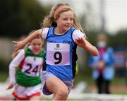 25 September 2021; Anna Le Blanc from Malahide, Dublin, on her way to winning the Girls under-10 Hurdles during the Aldi Community Games Track and Field Athletics finals at Carlow IT Sports Campus in Carlow. Photo by Matt Browne/Sportsfile