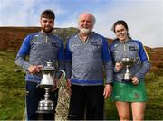 25 September 2021; Winners Colin Ryan of Limerick, left, and Molly Lynch of Cork, right, with event sponsor Martin Donnelly after the M. Donnelly GAA All-Ireland Poc Fada finals at Annaverna Mountain in the Cooley Peninsula, Ravensdale, Louth. Photo by Ben McShane/Sportsfile