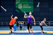 25 September 2021; Return of Indoor Sport is celebrated at the sold out Family SportFest at the Sport Ireland Campus. The Family SportFest takes place this weekend at the Sport Ireland Campus. With over 20 different sports on show, the event celebrates European Week of Sport and introduces families and the community to a wide variety of sports and activities. With the return of indoor sport this week after a long lock down families eagerly took part in a multitude of new sporting experiences. In attendance during the Family SportFest are from left, Victor Duggan, aged 9, Diana Duggan and Alba Duggan, aged 7, from Clonsilla in Dublin, at the Sport Ireland National Indoor Arena in Dublin. Photo by Sam Barnes/Sportsfile
