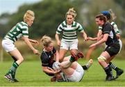25 September 2021; Amanda Sheridan of Longford RFC is tackled by Tina O’Reilly of Greystones RFC during the Bank of Ireland Paul Cusack plate final match between Greystones and Longford at Tullow RFC in Carlow. Photo by Michael P Ryan/Sportsfile