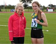 25 September 2021; Leila Colfer from Rathvilly, Carlow, after she won the Girls under-16 100 metre with Ireland international and St. Laurence O'Toole AC, Carlow, sprinter Molly Scott during the Aldi Community Games Track and Field Athletics finals at Carlow IT Sports Campus in Carlow. Photo by Matt Browne/Sportsfile