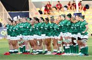 25 September 2021; Ireland players stand for the national anthem before the Rugby World Cup 2022 Europe qualifying tournament match between Ireland and Scotland at Stadio Sergio Lanfranchi in Parma, Italy. Photo by Roberto Bregani/Sportsfile