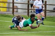 25 September 2021; Linda Djougang of Ireland scores try during the Rugby World Cup 2022 Europe qualifying tournament match between Ireland and Scotland at Stadio Sergio Lanfranchi in Parma, Italy. Photo by Roberto Bregani/Sportsfile