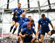 25 September 2021; Josh van der Flier of Leinster celebrates after scoring his side's first try with team-mates during the United Rugby Championship match between Leinster and Vodacom Bulls at the Aviva Stadium in Dublin.  Photo by Harry Murphy/Sportsfile