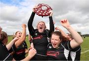 25 September 2021; Longford RFC captain Hannah Shea of Longford RFC lifts the Paul Cusack plate after the Bank of Ireland Paul Cusack plate final match between Greystones and Longford at Tullow RFC in Carlow. Photo by Michael P Ryan/Sportsfile