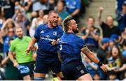 25 September 2021; Andrew Porter of Leinster celebrates after scoring his side's second try with team-mate Ross Molony during the United Rugby Championship match between Leinster and Vodacom Bulls at the Aviva Stadium in Dublin. Photo by Harry Murphy/Sportsfile
