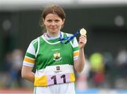 25 September 2021; Emma Foley from Ferbane, Offaly, after she won the girls under-16 shot putt during the Aldi Community Games Track and Field Athletics finals at Carlow IT Sports Campus in Carlow. Photo by Matt Browne/Sportsfile