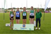 25 September 2021; Ireland sprinter Sarah Quinn with, from left, under-16 high jump medalists fourth place Mollie O'Riordan from Kerry, third place Katy Rigney from Dublin, first place Orla O'Shaughnessy from Limerick and second place Aoife Rohan from Meath during the Aldi Community Games Track and Field Athletics finals at Carlow IT Sports Campus in Carlow. Photo by Matt Browne/Sportsfile
