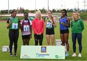 25 September 2021; Ireland sprinters Molly Scott and Sarah Quinn with, from left, under-16 100 metre medalists fourth place Angel Alfred from Limerick, third place Ayulley Amentorge from Westmeath, first place Leila Colfer from Rathvilly, Carlow, and second place Funmi Talbi from Longford during the Aldi Community Games Track and Field Athletics finals at Carlow IT Sports Campus in Carlow. Photo by Matt Browne/Sportsfile