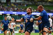 25 September 2021; Andrew Porter of Leinster, left, celebrates after scoring his side's second try with team-mate Ross Molony during the United Rugby Championship match between Leinster and Vodacom Bulls at Aviva Stadium in Dublin. Photo by David Fitzgerald/Sportsfile