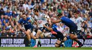 25 September 2021; Johan Goosen of Vodacom Bulls is tackled by Caelan Doris and Michael Ala’alatoa of Leinster during the United Rugby Championship match between Leinster and Vodacom Bulls at Aviva Stadium in Dublin. Photo by Brendan Moran/Sportsfile