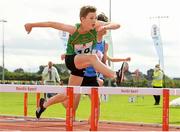 25 September 2021; Mark Hazlett from Lough Allen, Leitrim, on his way to winning the Boys under-14 hurdles during the Aldi Community Games Track and Field Athletics finals at Carlow IT Sports Campus in Carlow. Photo by Matt Browne/Sportsfile