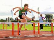 25 September 2021; Mark Hazlett from Lough Allen, Leitrim, on his way to winning the Boys under-14 hurdles during the Aldi Community Games Track and Field Athletics finals at Carlow IT Sports Campus in Carlow. Photo by Matt Browne/Sportsfile