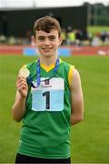 25 September 2021; Ronan Sheridan from Duagh-Lyre, Kerry, after he won the Boys under-14 long jump during the Aldi Community Games Track and Field Athletics finals at Carlow IT Sports Campus in Carlow. Photo by Matt Browne/Sportsfile