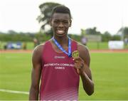 25 September 2021; Philip Finnan from Castledaly, Westmeath, after he won the Boys under-14 100 metre during the Aldi Community Games Track and Field Athletics finals at Carlow IT Sports Campus in Carlow. Photo by Matt Browne/Sportsfile