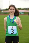 25 September 2021; Eanna Ni Haighin, from Crecora-Patrickswell, Limerick, after she won the Girls under-14 100 metre during the Aldi Community Games Track and Field Athletics finals at Carlow IT Sports Campus in Carlow. Photo by Matt Browne/Sportsfile