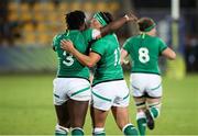 25 September 2021; Lindsay Peat of Ireland celebrates with team-mate Linda Djougang after scoring a try during the Rugby World Cup 2022 Europe qualifying tournament match between Ireland and Scotland at Stadio Sergio Lanfranchi in Parma, Italy. Photo by Roberto Bregani/Sportsfile