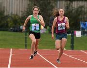 25 September 2021; Eanna Ni Haighin, 3, from Crecora-Patrickswell, Limerick, on her way to winning the Girls under-14 100 metre during the Aldi Community Games Track and Field Athletics finals at Carlow IT Sports Campus in Carlow. Photo by Matt Browne/Sportsfile