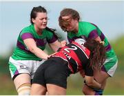 25 September 2021; Erin Moorhead of CYM RFC is tackled by Moya Griffin of Tullamore RFC  during the Bank of Ireland Paul Flood plate final match between Tullamore RFC and CYM RFC at Tullow RFC in Carlow. Photo by Michael P Ryan/Sportsfile