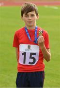 25 September 2021; Sam Kingston from Skibereen, Cork, after he won the Boys under-12 Ball Throw during the Aldi Community Games Track and Field Athletics finals at Carlow IT Sports Campus in Carlow. Photo by Matt Browne/Sportsfile