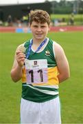 25 September 2021; Theo Hanlon from Edenderry, Offaly, after he won the Boys under-14 Shot Putt during the Aldi Community Games Track and Field Athletics finals at Carlow IT Sports Campus in Carlow. Photo by Matt Browne/Sportsfile