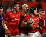 25 September 2021; Chris Cloete of Munster, right, is congratulated by team-mate Peter O'Mahony, left, after scoring their side's fifth try during the United Rugby Championship match between Munster and Cell C Sharks at Thomond Park in Limerick. Photo by Seb Daly/Sportsfile