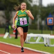 25 September 2021; Saoirse Dillon, from Duagh-Lyre, Kerry, who came second in the Girls under-14 100 metre during the Aldi Community Games Track and Field Athletics finals at Carlow IT Sports Campus in Carlow. Photo by Matt Browne/Sportsfile