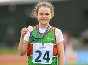 25 September 2021; Amelia Duffy, from Balla, Mayo, who came third in the Girls under-10 100 metres during the Aldi Community Games Track and Field Athletics finals at Carlow IT Sports Campus in Carlow. Photo by Matt Browne/Sportsfile