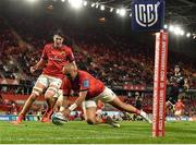 25 September 2021; Simon Zebo of Munster scores his side's sixth try during the United Rugby Championship match between Munster and Cell C Sharks at Thomond Park in Limerick. Photo by Seb Daly/Sportsfile