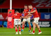 25 September 2021; Craig Casey of Munster, left, is congratulated by team-mate Andrew Conway, right, after scoring their side's second try during the United Rugby Championship match between Munster and Cell C Sharks at Thomond Park in Limerick. Photo by Seb Daly/Sportsfile
