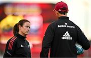 25 September 2021; Munster performance psychologist Caroline Currid, left, and senior coach Stephen Larkham before the United Rugby Championship match between Munster and Cell C Sharks at Thomond Park in Limerick. Photo by Seb Daly/Sportsfile