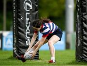 26 September 2021; Roisin Crowe of Blackrock College scores her side's first try during the Bank of Ireland Paul Flood cup final match between Blackrock College RFC J1 and Old Belvedere RFC J1 at Old Belvedere RFC in Anglesea Road, Dublin. Photo by Harry Murphy/Sportsfile