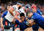 25 September 2021; Michael Ala’alatoa of Leinster is tackled by Walt Steenkamp during the United Rugby Championship match between Leinster and Vodacom Bulls at Aviva Stadium in Dublin. Photo by Brendan Moran/Sportsfile