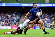 25 September 2021; James Lowe of Leinster is tackled by Cornal Hendricks of Vodacom Bulls during the United Rugby Championship match between Leinster and Vodacom Bulls at Aviva Stadium in Dublin. Photo by Brendan Moran/Sportsfile