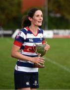 26 September 2021; Blackrock College captain Valerie Power makes a speech with the trophy after the Bank of Ireland Paul Flood cup final match between Blackrock College RFC J1 and Old Belvedere RFC J1 at Old Belvedere RFC in Anglesea Road, Dublin. Photo by Harry Murphy/Sportsfile