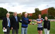 26 September 2021; Blackrock College captain Valerie Power is presented the trophy by Brian Flood, brother of Paul Flood, his daughter Jenny, President of Leinster Rugby John Walsh and Chair of Leinster Rugby Women's Section Eugine Noble after the Bank of Ireland Paul Flood cup final match between Blackrock College RFC J1 and Old Belvedere RFC J1 at Old Belvedere RFC in Anglesea Road, Dublin. Photo by Harry Murphy/Sportsfile