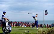 26 September 2021; Rory McIlroy of Team Europe plays a shot from the second tee box during his Sunday singles match against Xander Schauffele of Team USA at the Ryder Cup 2021 Matches at Whistling Straits in Kohler, Wisconsin, USA. Photo by Tom Russo/Sportsfile