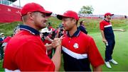 26 September 2021; Bryson Dechambeau, left, and Xander Schauffele of Team USA celebrate after their Sunday singles matches at the Ryder Cup 2021 Matches at Whistling Straits in Kohler, Wisconsin, USA. Photo by Tom Russo/Sportsfile