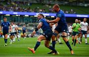25 September 2021; Andrew Porter of Leinster celebrates after scoring his side's second try with Ross Molony during the United Rugby Championship match between Leinster and Vodacom Bulls at Aviva Stadium in Dublin.  Photo by David Fitzgerald/Sportsfile