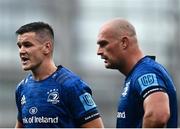 25 September 2021; Jonathan Sexton of Leinster, left, and Rhys Ruddock during the United Rugby Championship match between Leinster and Vodacom Bulls at Aviva Stadium in Dublin.  Photo by David Fitzgerald/Sportsfile