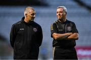 24 September 2021; Bohemians manager Keith Long, right, with Bohemians assistant manager Trevor Croly before the SSE Airtricity League Premier Division match between Bohemians and Finn Harps at Dalymount Park in Dublin. Photo by Piaras Ó Mídheach/Sportsfile